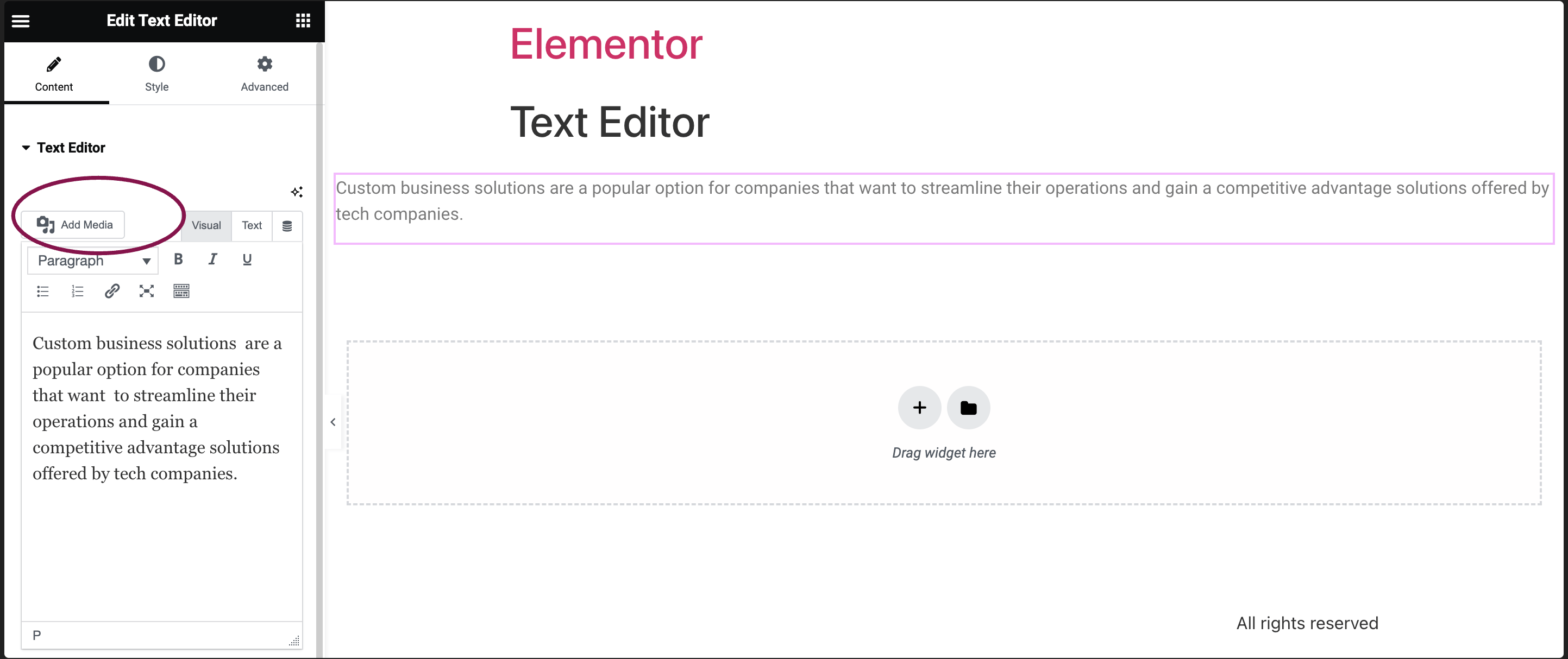 Elementor editor screenshot