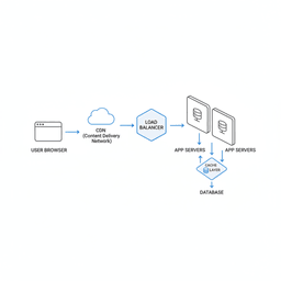 Diagram of CDN, caching, servers, and database for a high traffic site