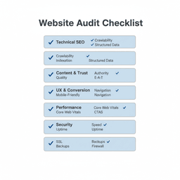 Website audit checklist covering technical, content, UX, performance, and security