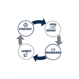 Four phases diagram of the product workflow: strategy, design, engineering, launch