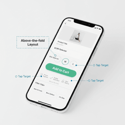 Mobile-first product page layout with clear buy button, trust cues, and filters