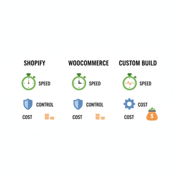 Platform comparison for ecommerce development services: Shopify, WooCommerce, custom build