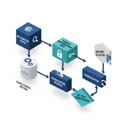 Diagram showing steps in a security audit process from scanning to re-testing