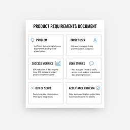 Simple PRD layout showing problem, metrics, stories, and scope sections