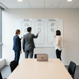 Team comparing theme, app, and headless options for a Shopify build