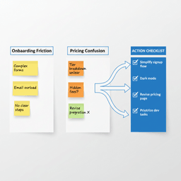 Affinity mapping board turning interview notes into clear themes and actions