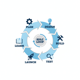 SDLC stages diagram showing plan, design, build, test, launch, learn