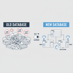 Diagram showing old database, new database, data sync, and cutover during migration