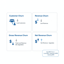 Infographic comparing customer churn vs revenue churn and gross vs net churn