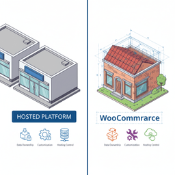 Visual comparing hosted ecommerce platform vs owned WooCommerce store setup.