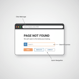 Wireframe showing message, search bar, and key links on a 404 page