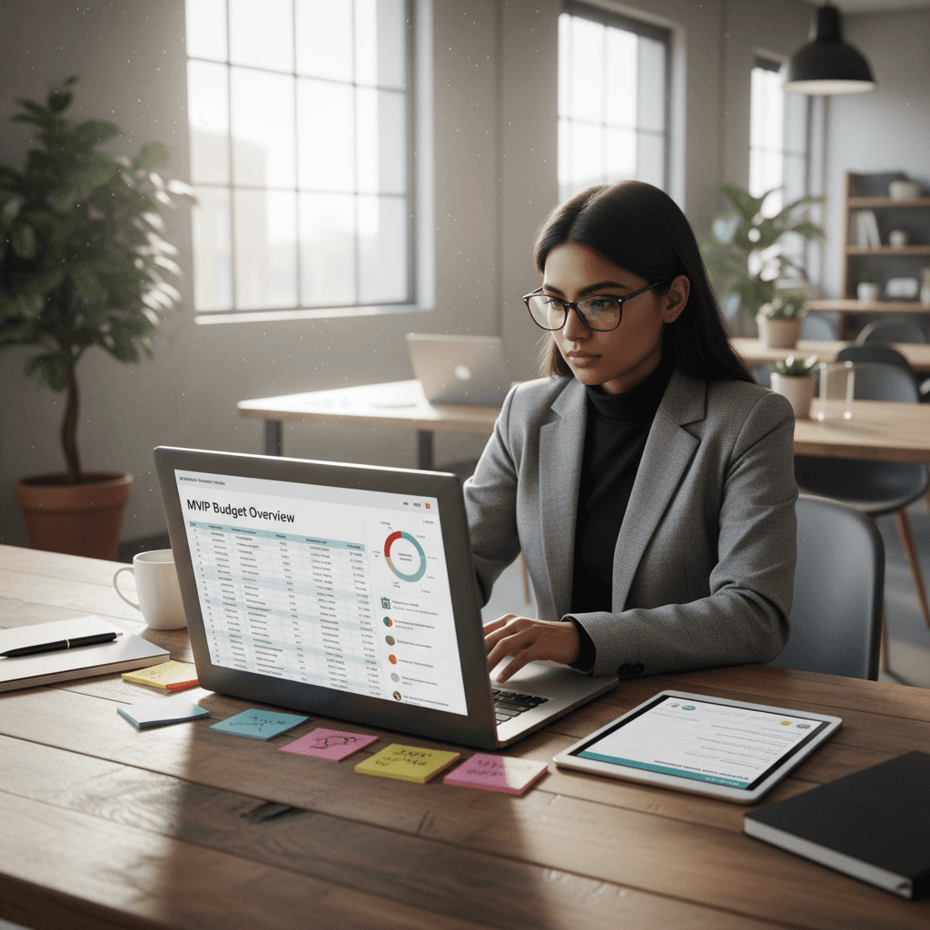 Founder planning MVP development cost with spreadsheet and feature list