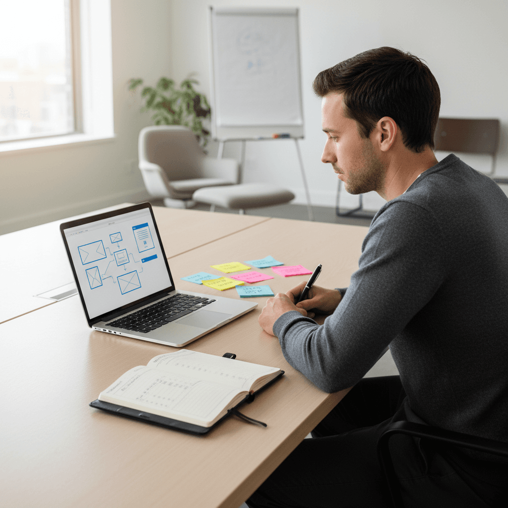 Founder planning MVP development roadmap with budget and timeline notes