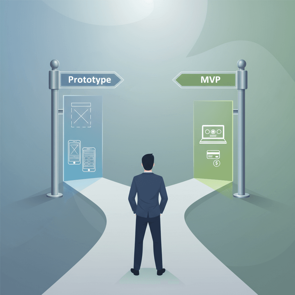 MVP vs Prototype decision fork showing founder choosing what to build first