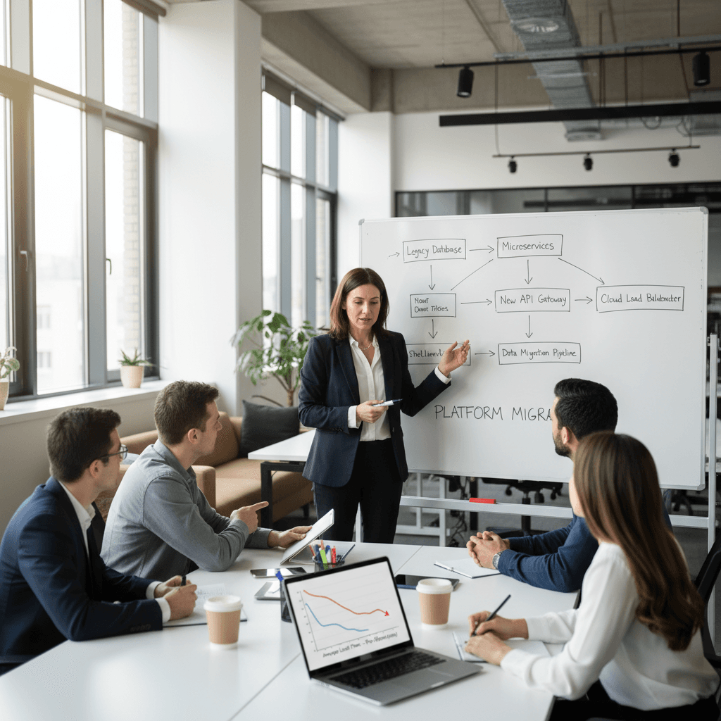 Platform migration planning session with founder reviewing architecture and growth metrics