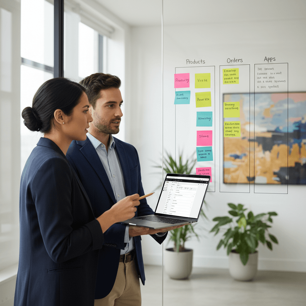 Founder planning Shopify migration with checklist for data, apps, and SEO