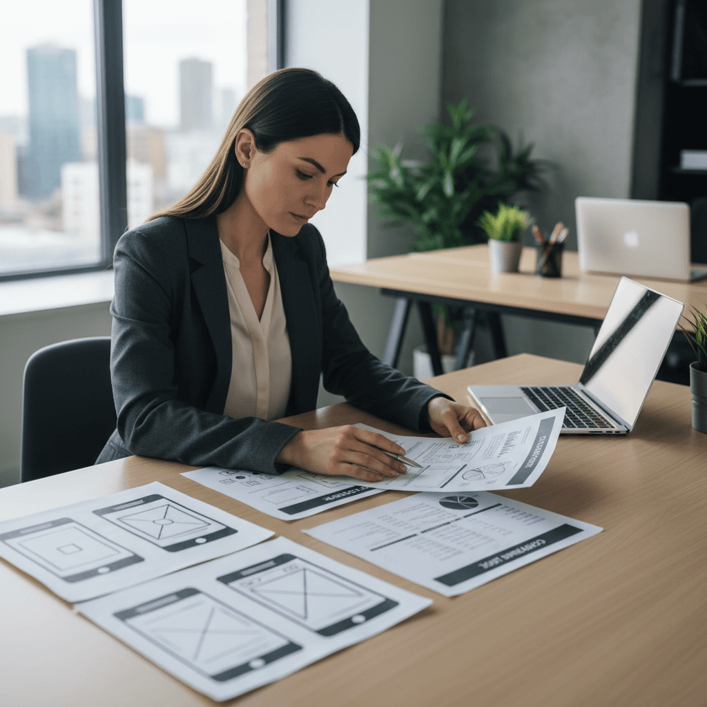 Founder planning software development cost estimation with wireframes and budget spreadsheet