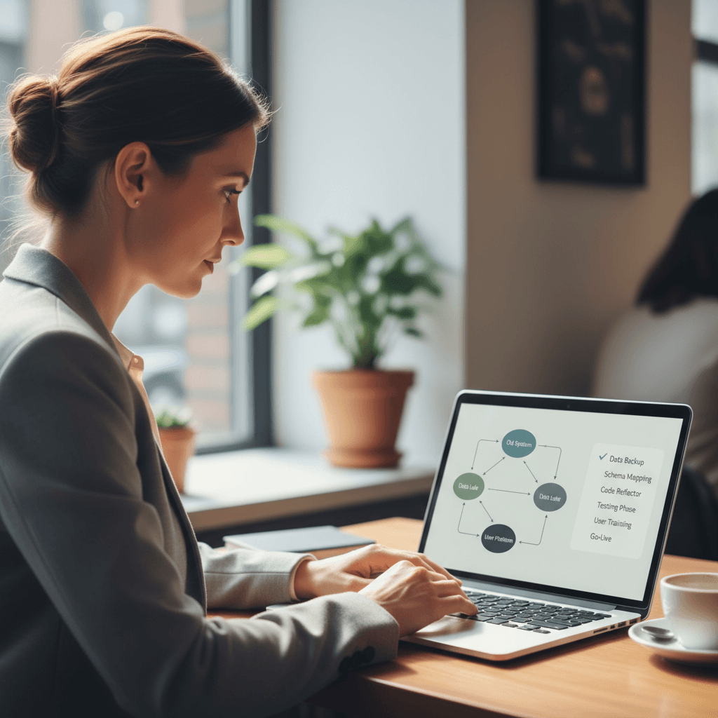 Founder planning website migration services with checklist and site map on laptop