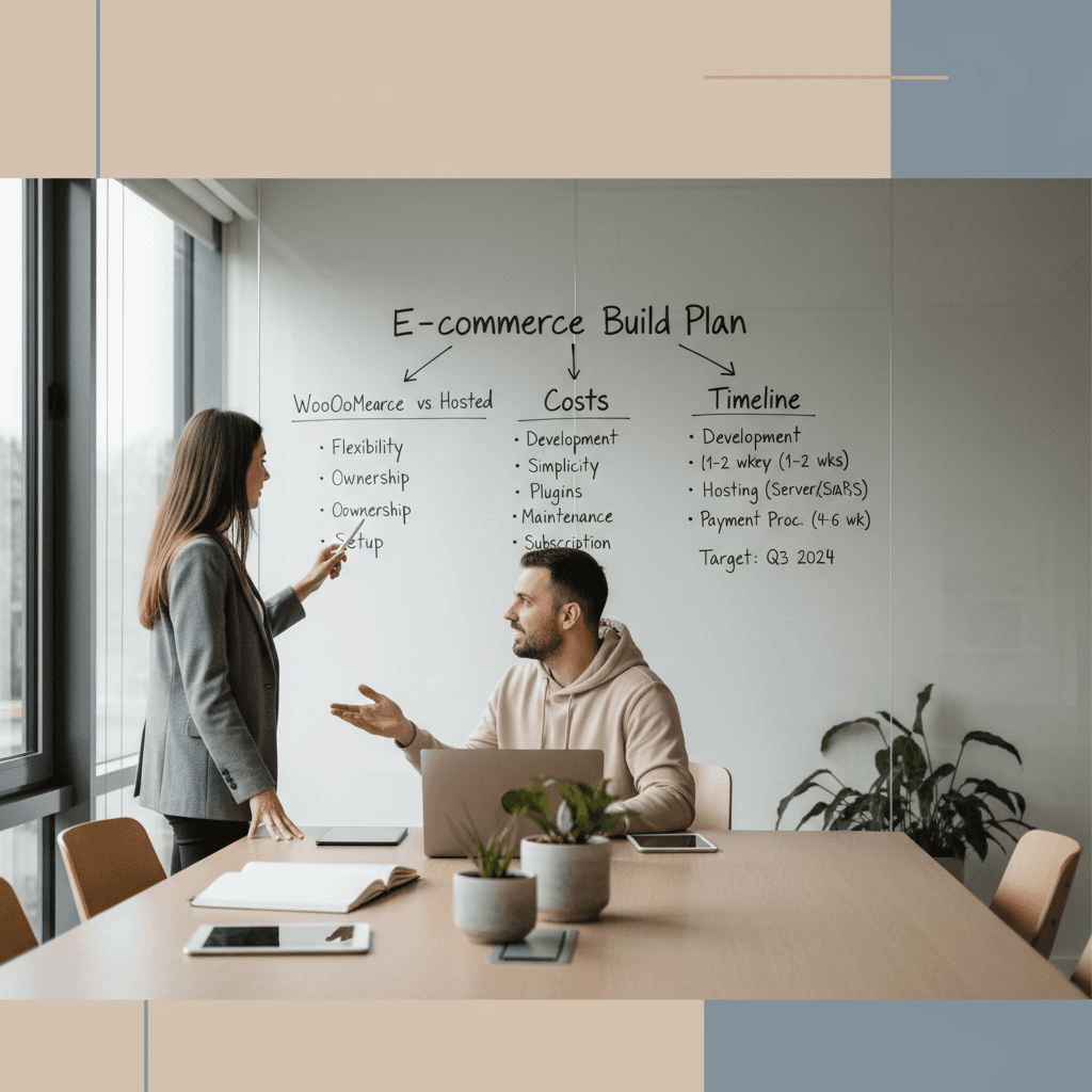 Founder planning WooCommerce development costs and timeline with a technical partner.