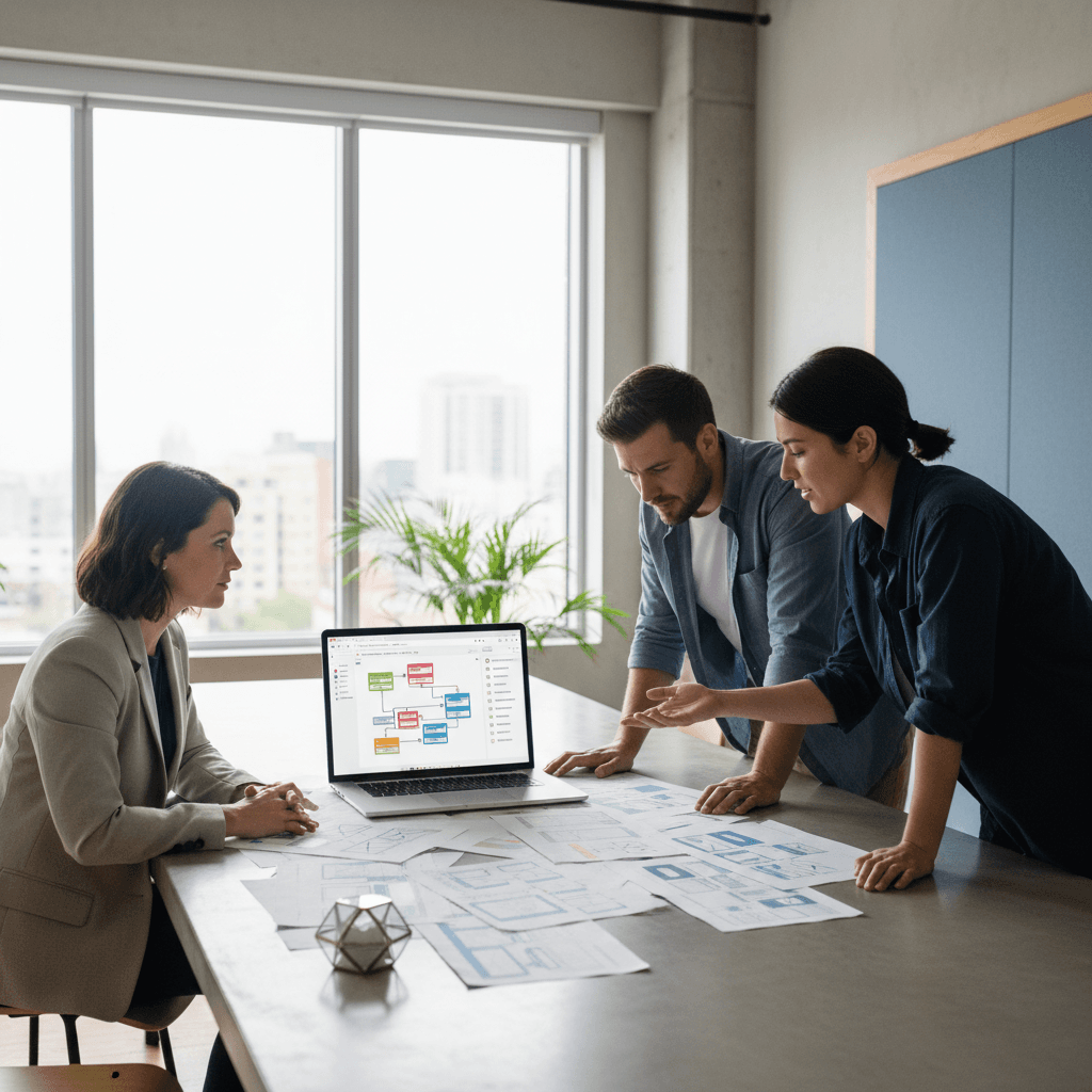 Founder planning WordPress migration services with a team and a website checklist