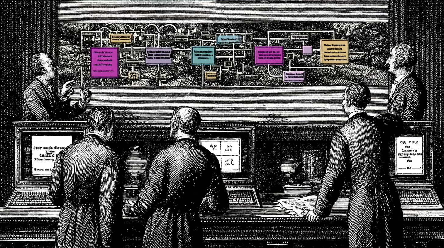 Product team reviewing an AI workflow with prompts, data sources, and system outputs