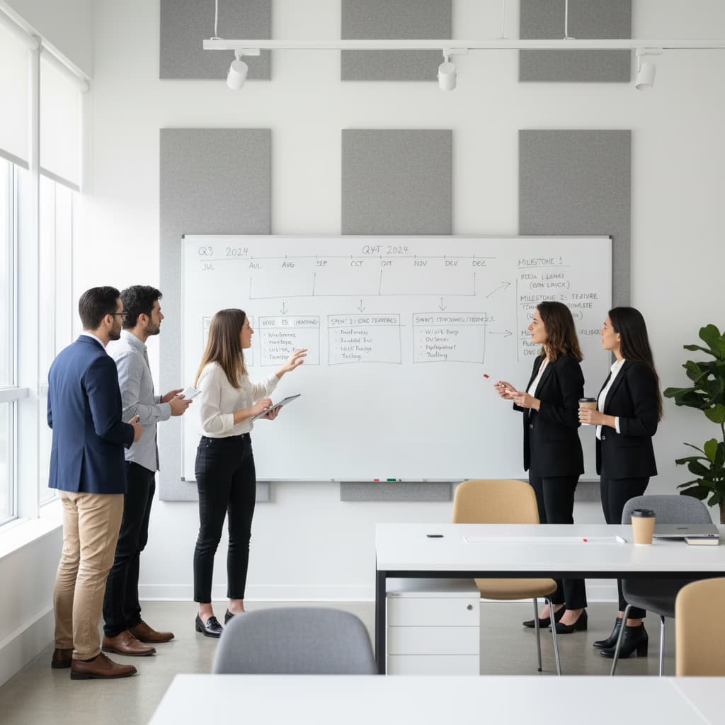 App development timeline planning session with sprint milestones on a whiteboard