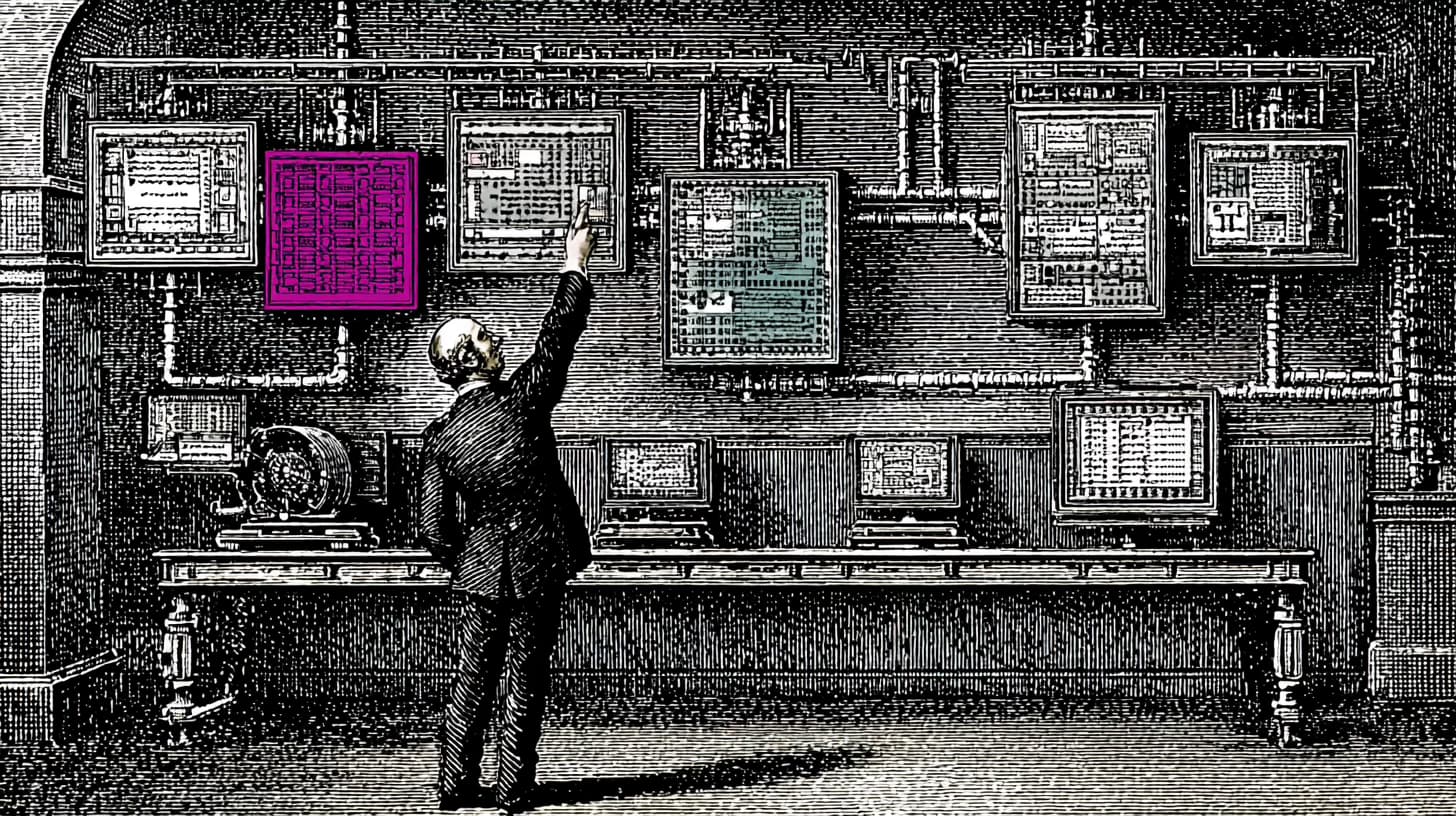 Product manager pointing to a workflow integration diagram in an operations room