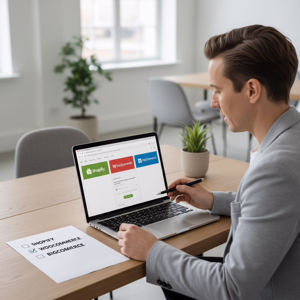 Founder comparing best ecommerce platforms for small business on a checklist