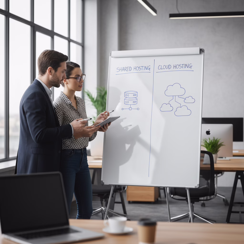 Founder comparing cloud hosting vs shared hosting options for a product launch