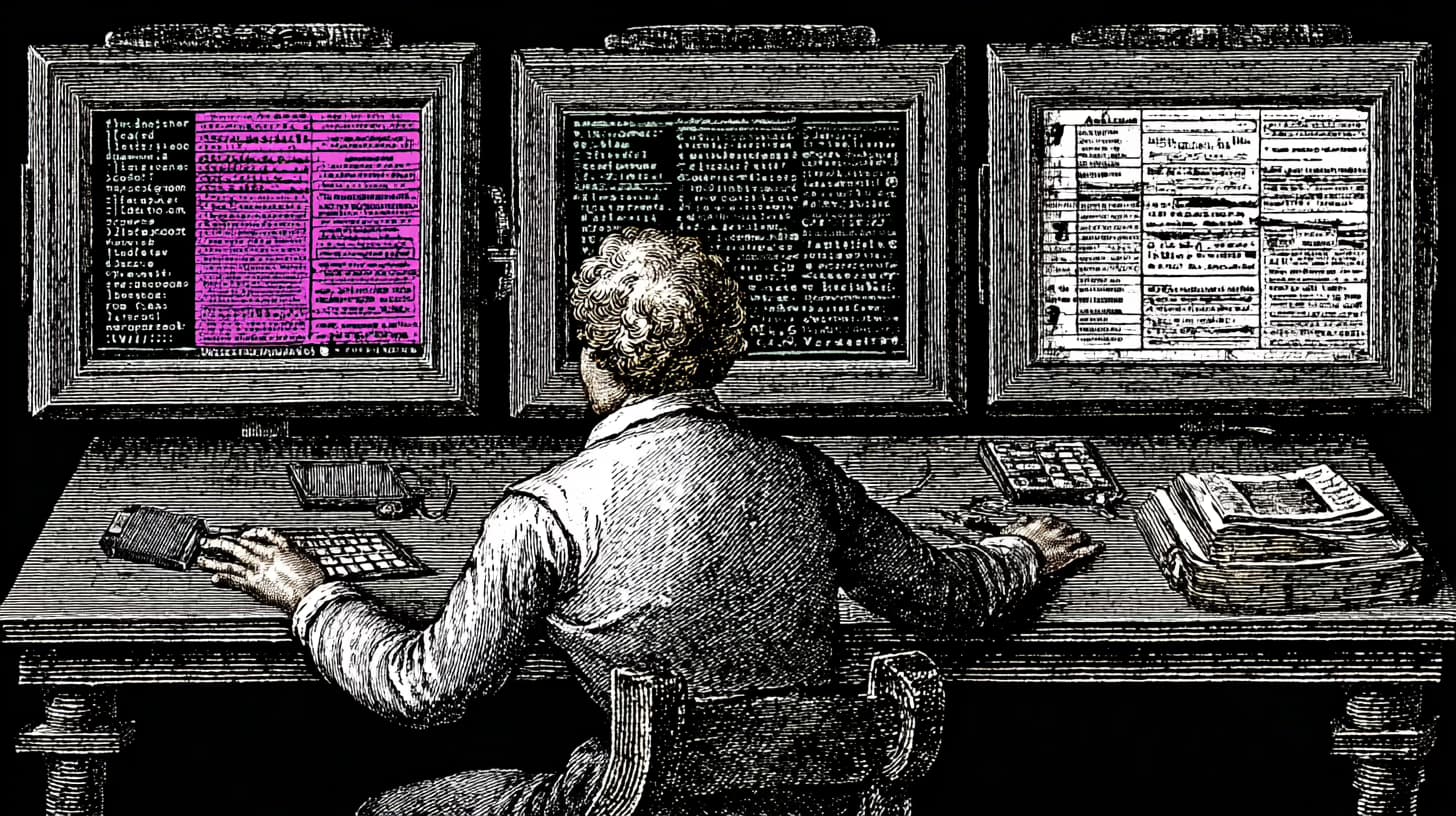 Web producer reviewing CMS content migration and redirect mapping on dual monitors