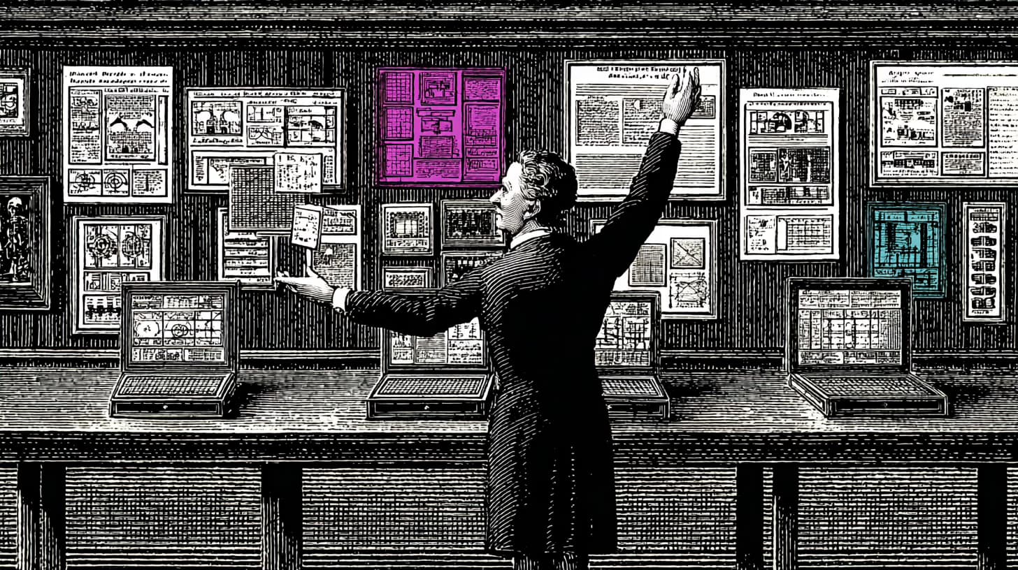 Consultant arranging website planning materials on a large board in a conference room