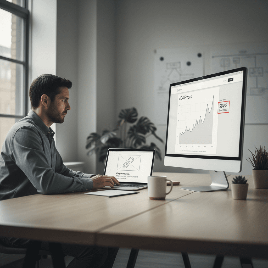 Founder reviewing analytics to design 404 page that keeps visitors from bouncing
