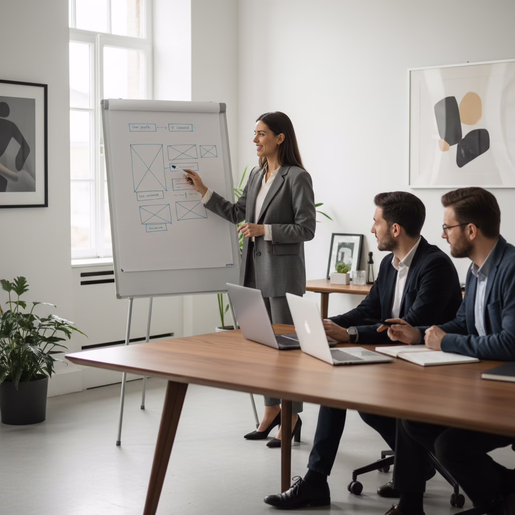 Digital product development services team planning an MVP roadmap with a founder.