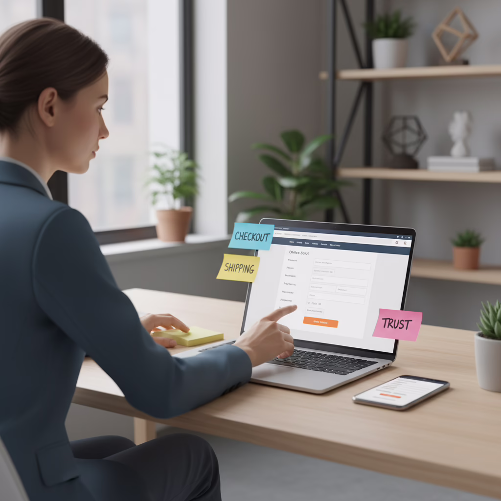 Founder reviewing ecommerce ux best practices on checkout across laptop and phone