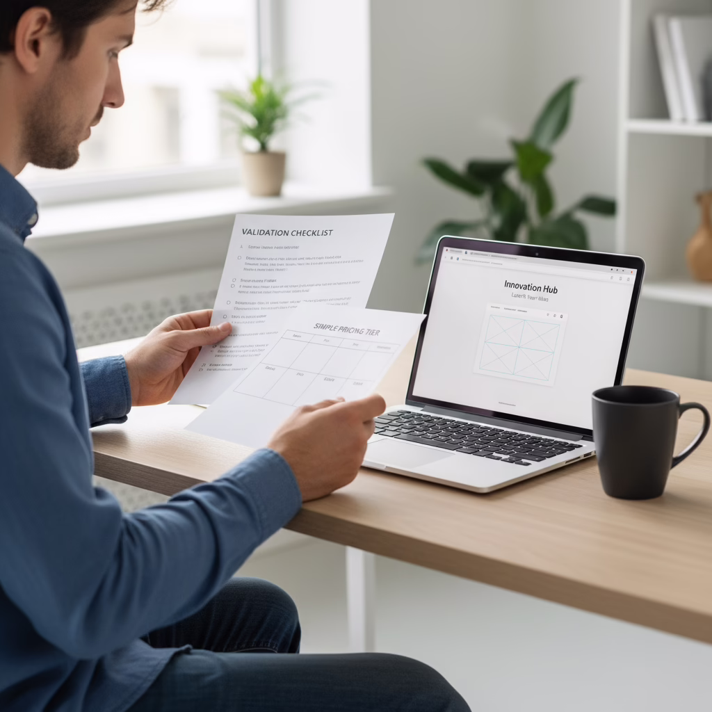 Founder planning how to validate business idea with checklist and pricing notes