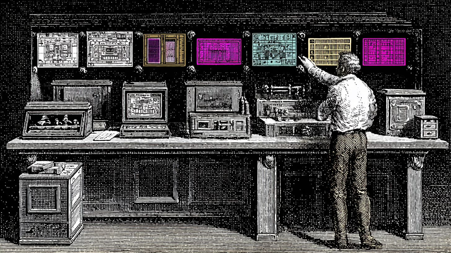 Product designer arranging wireframes and interface layouts on a large screen