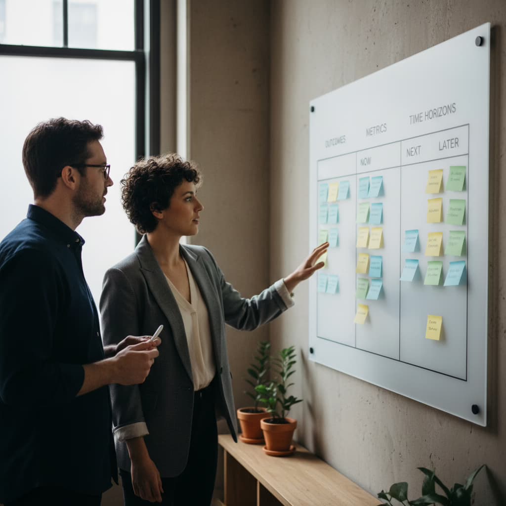 Founder reviewing product roadmap best practices board with outcomes and timelines