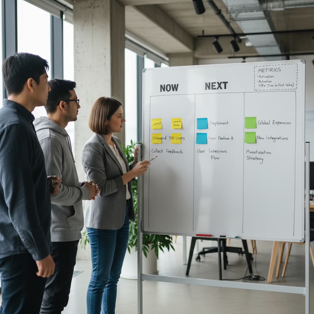 Founder planning a product roadmap with Now, Next, Later outcomes on whiteboard