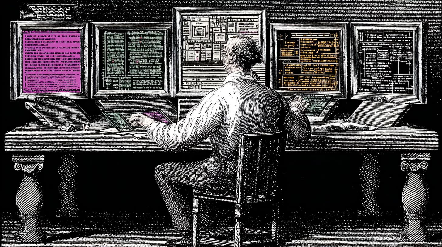 Developer working on a Python application with admin screens, terminal output, and API data
