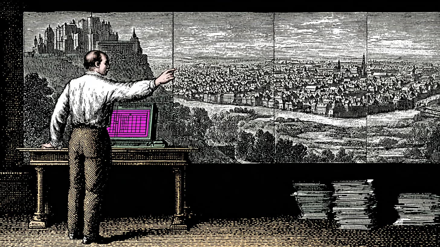 Real estate analyst pointing at a property map while using a laptop in an operations room