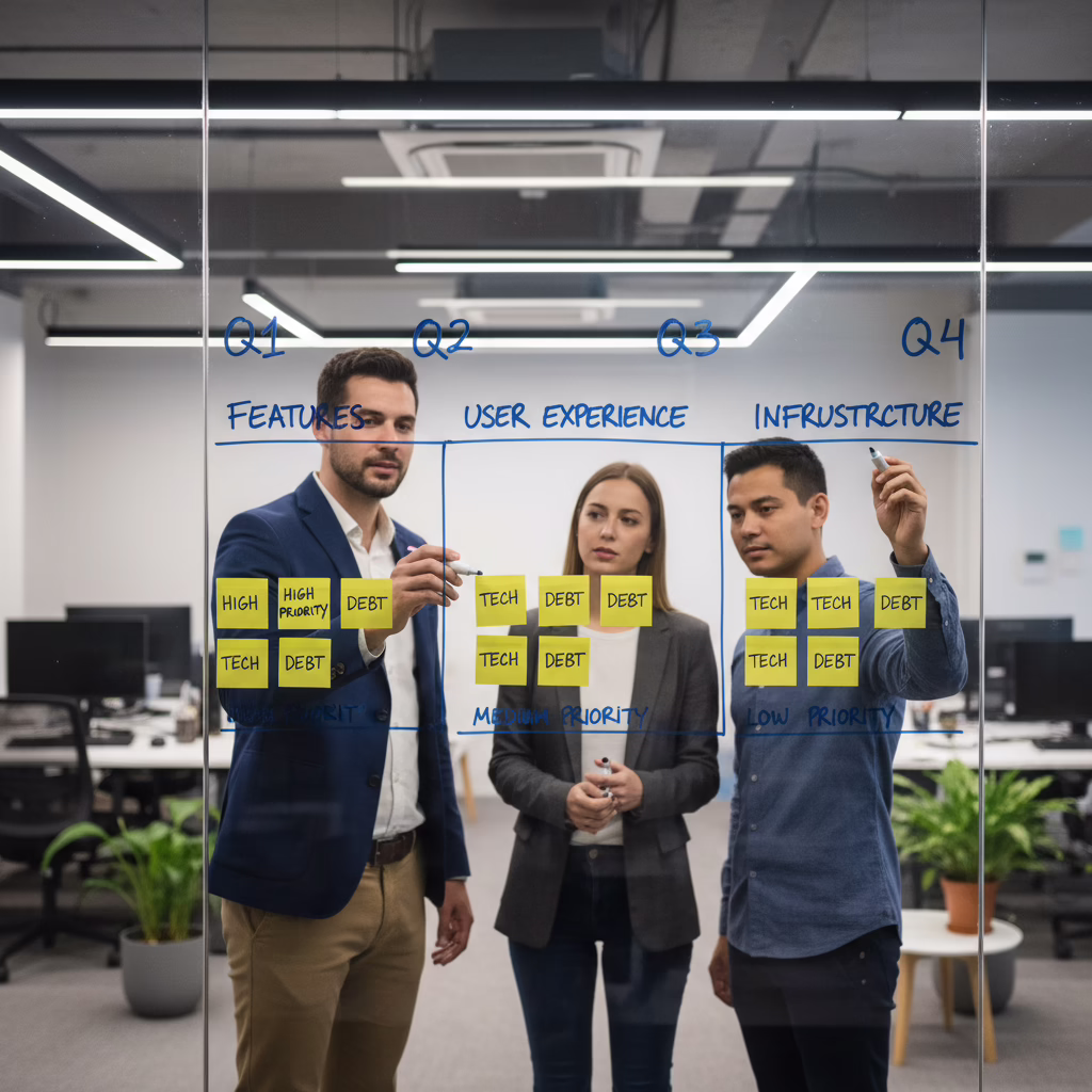 Founder planning how to reduce technical debt with engineers using a roadmap board