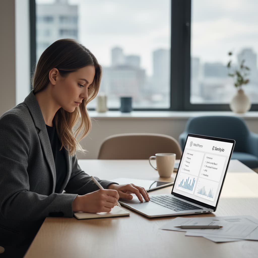 Founder comparing Sanity headless CMS vs WordPress on a laptop screen