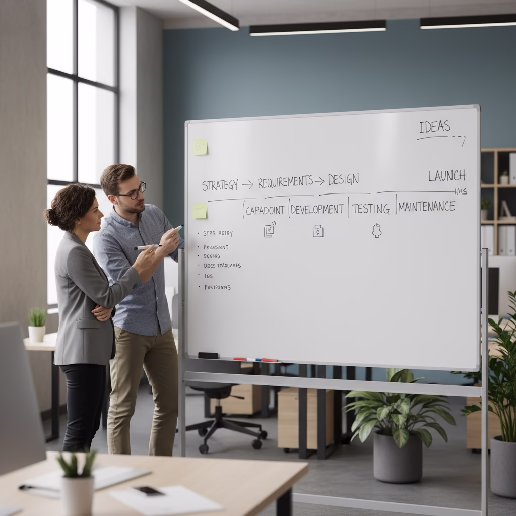 Software development life cycle best practices roadmap on a whiteboard with founder