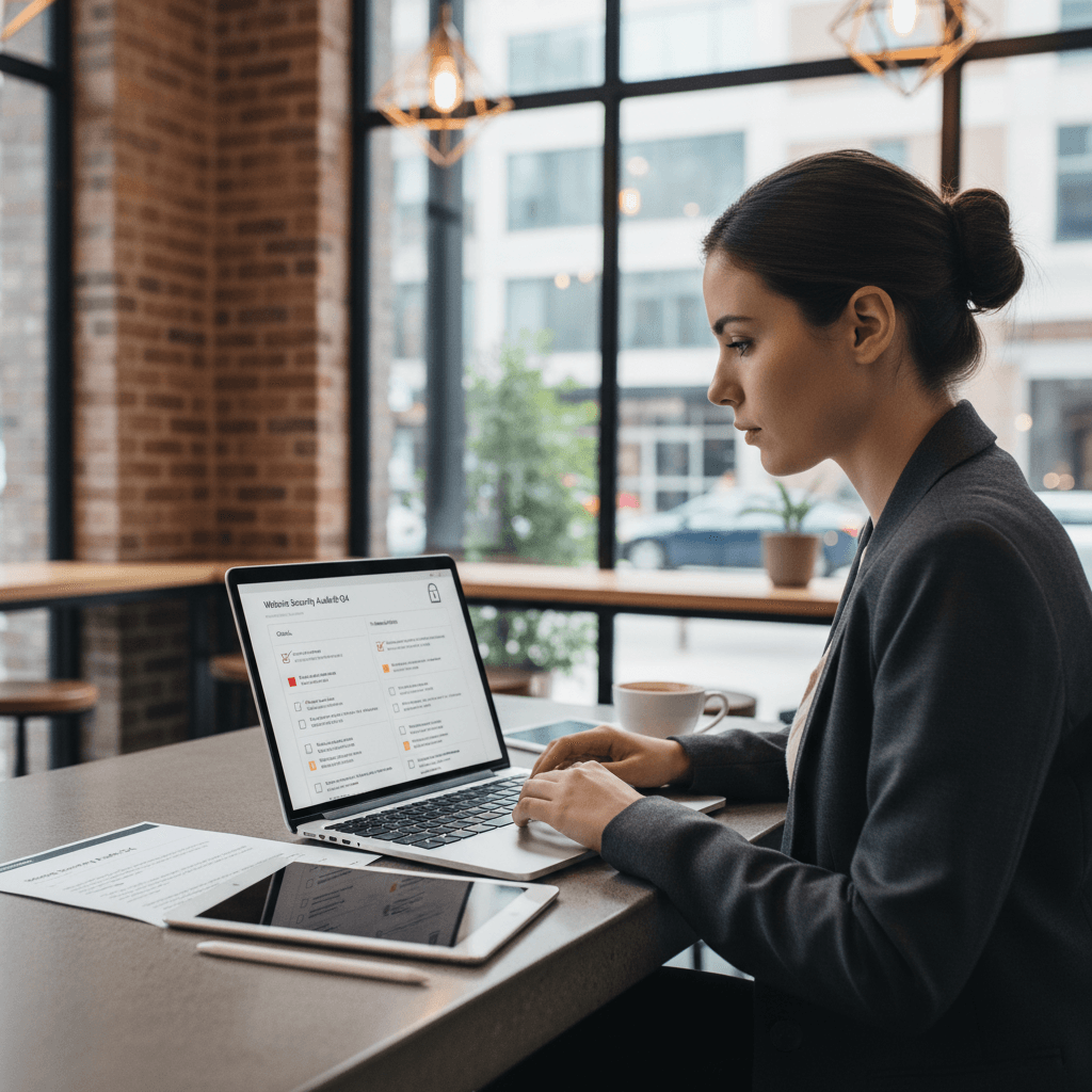 Founder reviewing security audit of websites report on laptop before launch