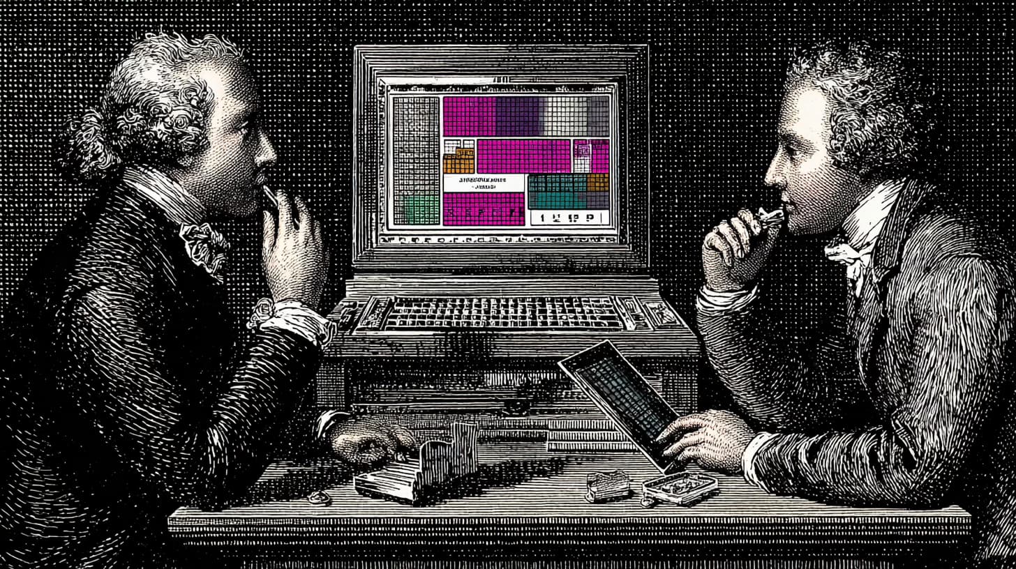 Developer and ecommerce manager reviewing a Shopify storefront layout across desktop and tablet screens