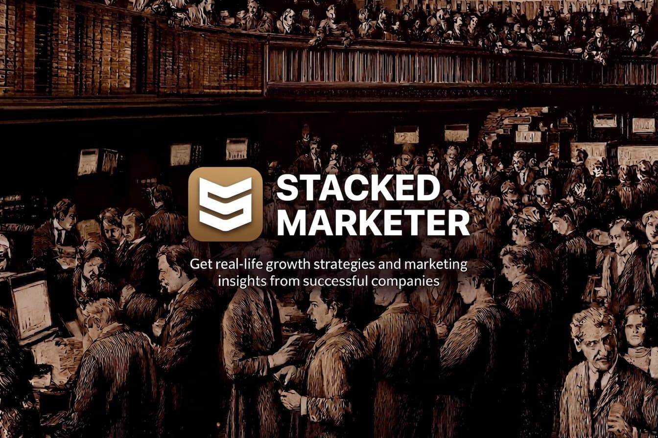 Stacked Marketer case study cover image in Victorian engraving style with warm tones