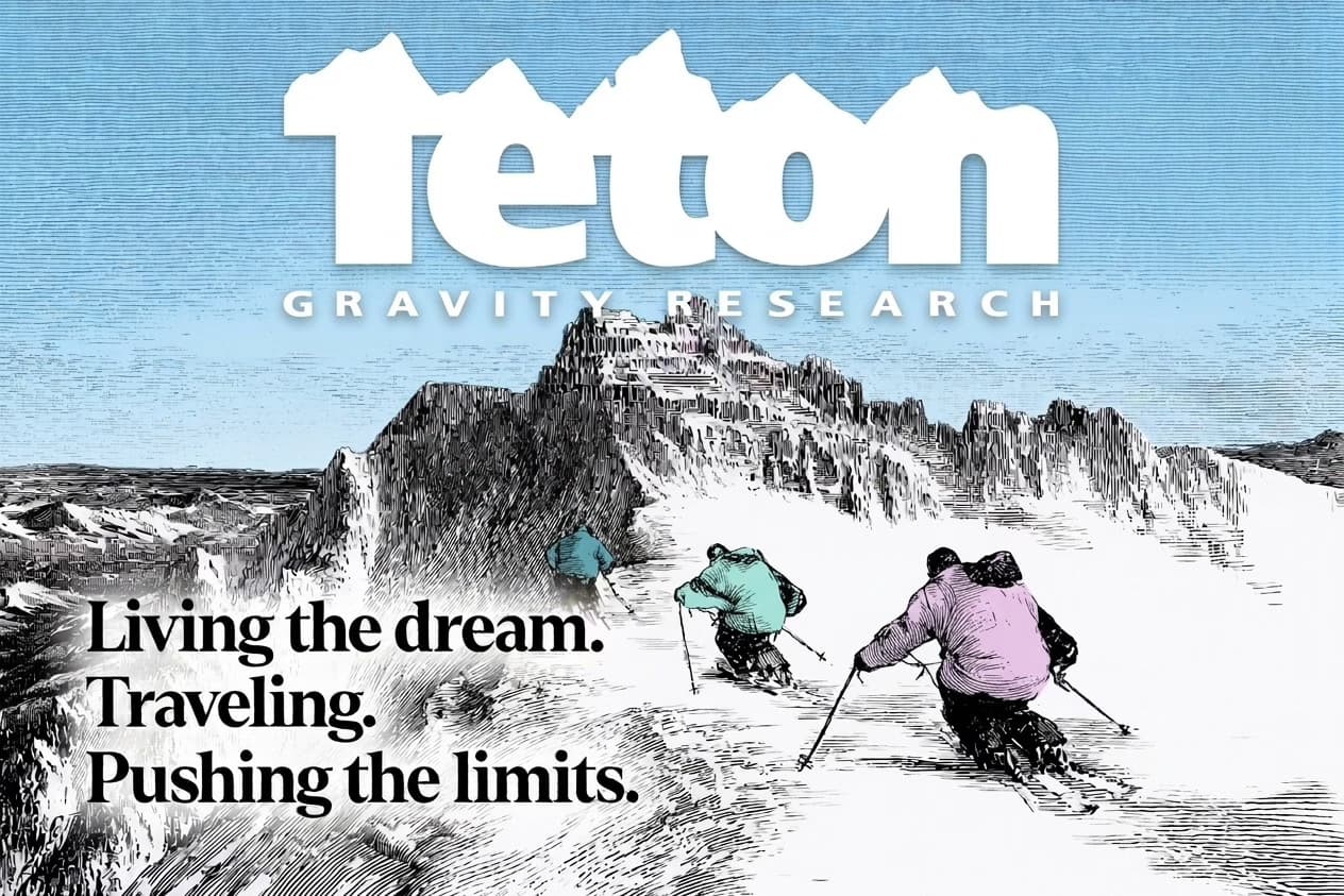 Teton Gravity Research - Living the dream, traveling, pushing the limits case study cover in Victorian engraving illustration style