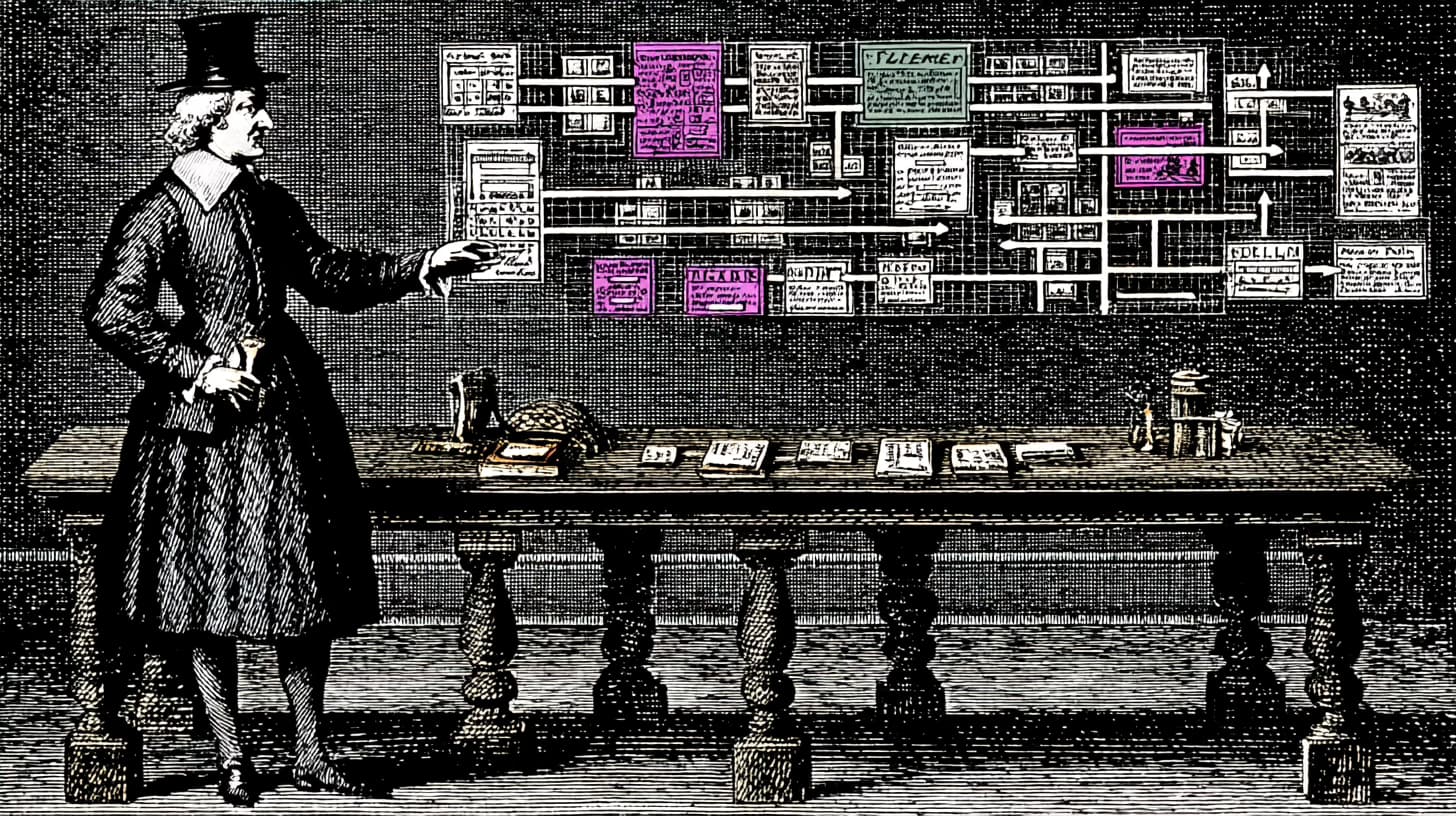 UX designer arranging printed app screens and flow connections on a wall during product planning