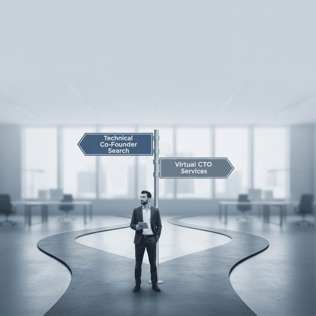 Founder choosing between technical co-founder and virtual CTO services for startup build