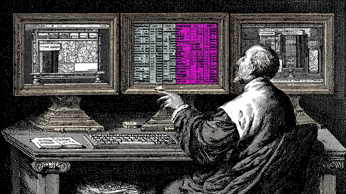 Website migration specialist mapping old URLs and content to a new site structure on dual monitors